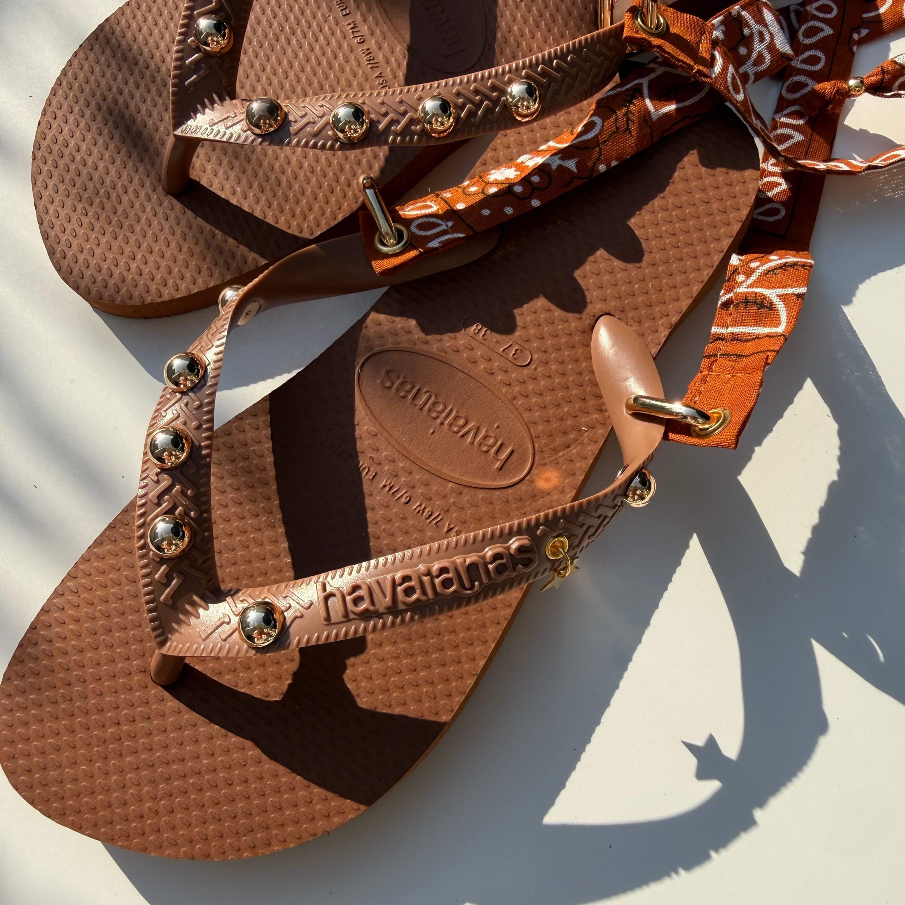 ‘TANNED’ GOLD STUDDED TAN BANDANA HAVAIANAS TOP FLIP FLOPS BY BOOM BESPOKE