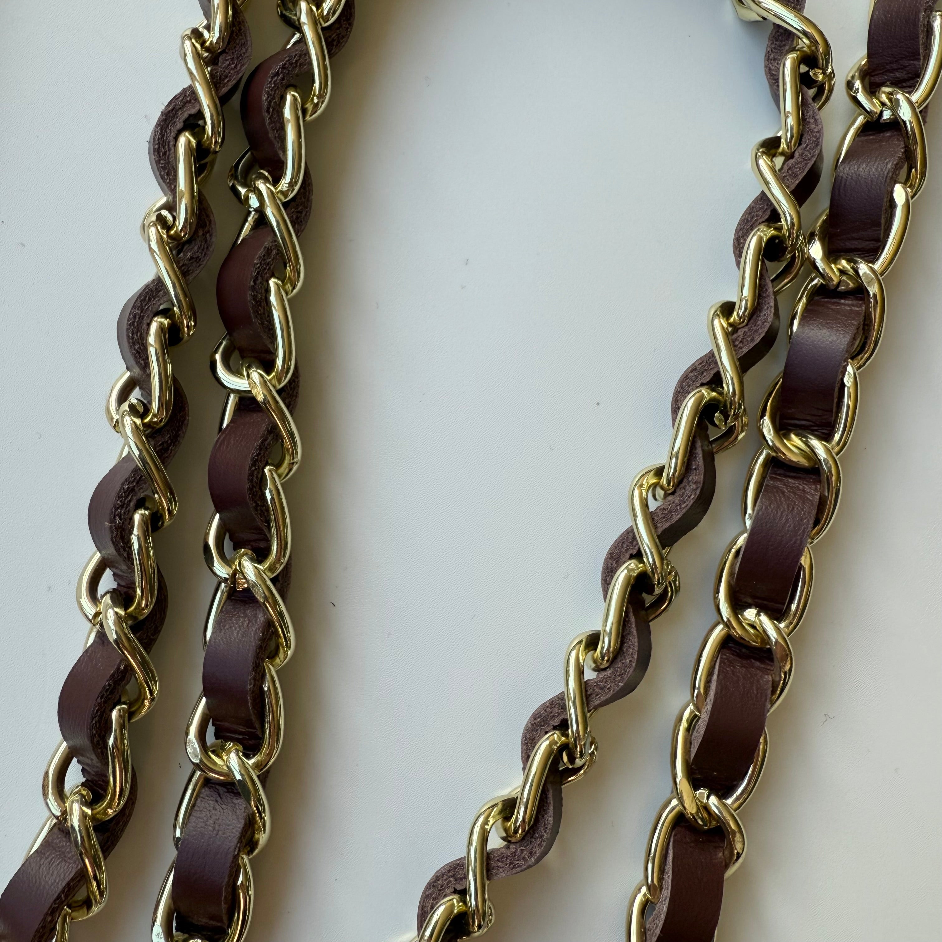 ‘ESPRESSO’ BROWN LEATHER GOLD CHAIN CROSSBODY PHONE STRAP