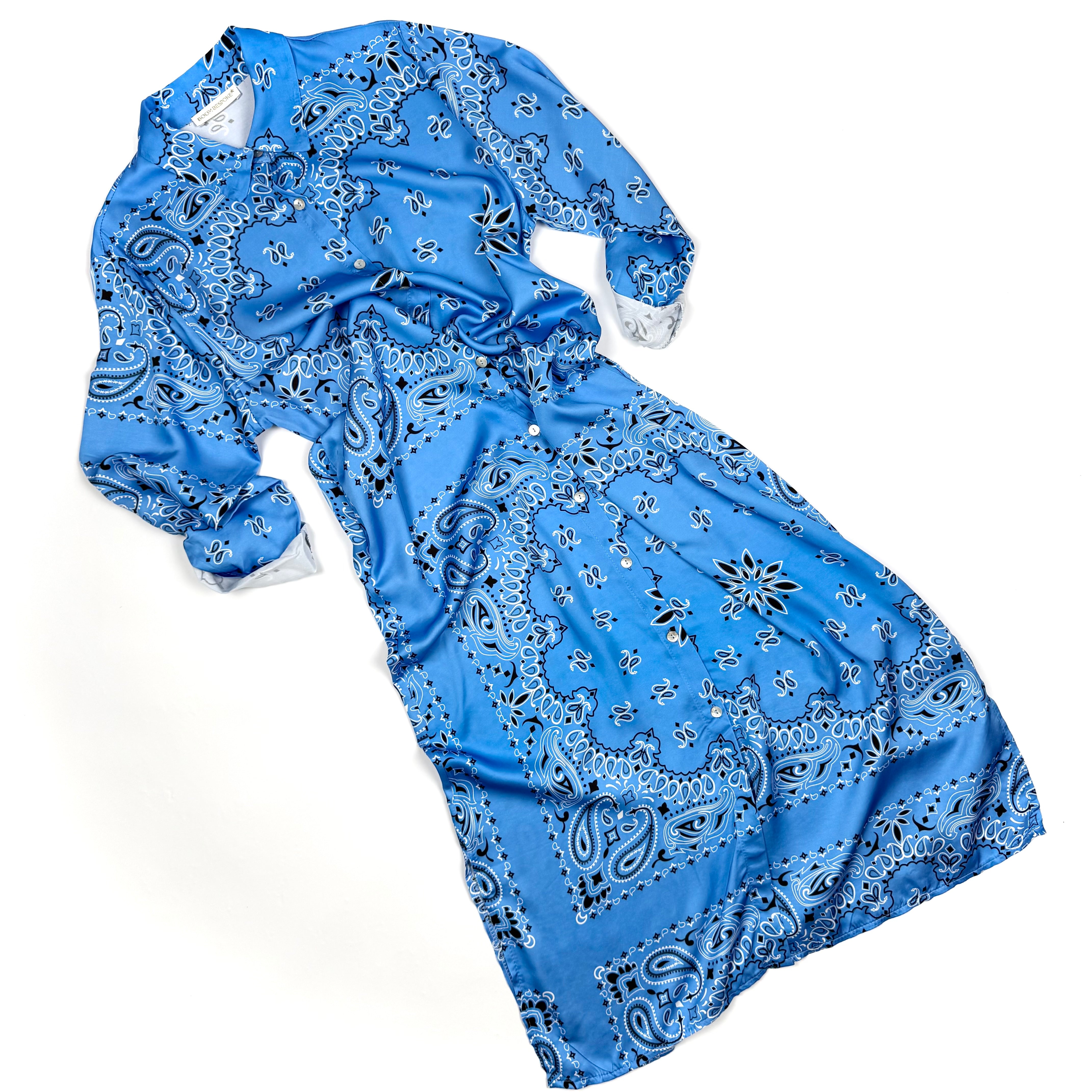 ‘AZURE’ BLUE BANDANA SILK MAXI SHIRT DRESS