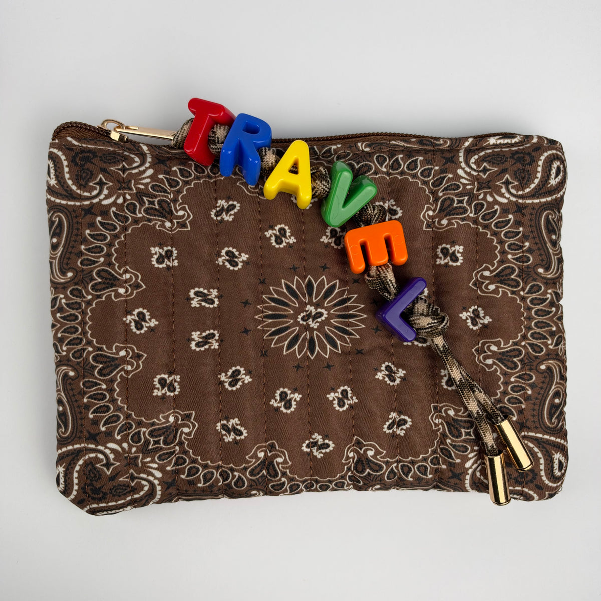 BROWN BESPOKE CHUNKY LETTER BEAD BANDANA ZIP POUCH