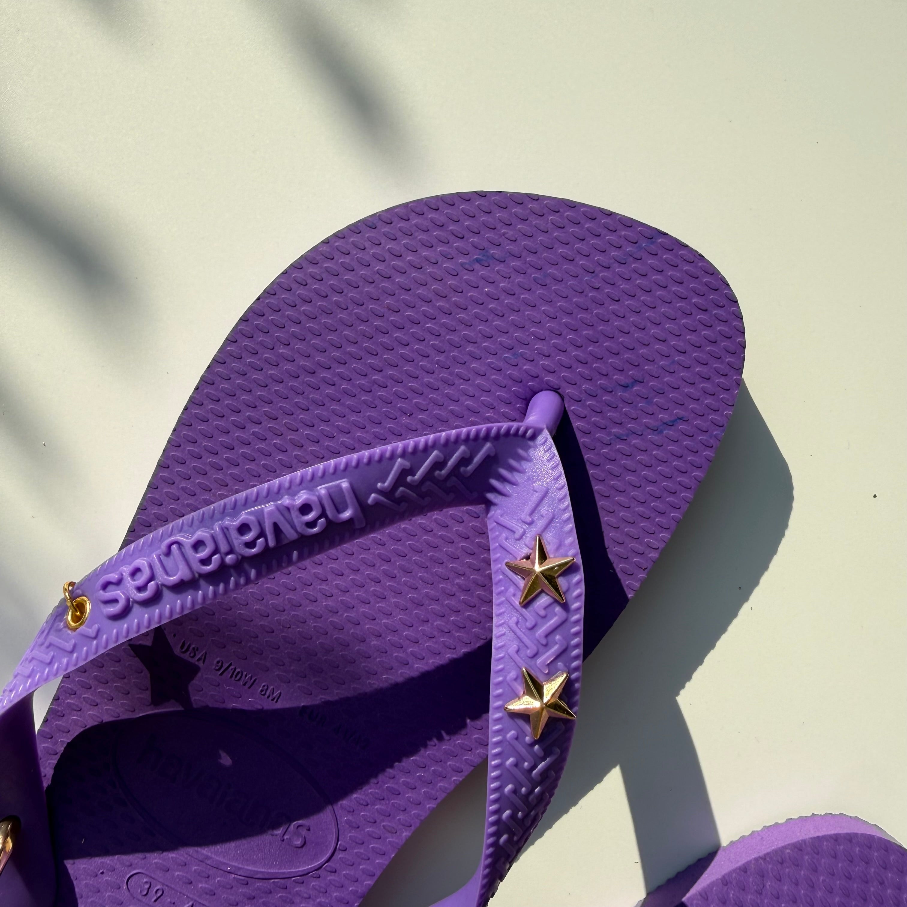 ‘CELESTIAL’ GOLD STAR STUD PURPLE BANDANA HAVAIANAS TOP FLIP FLOPS BY BOOM BESPOKE IMPERFECT PAIR