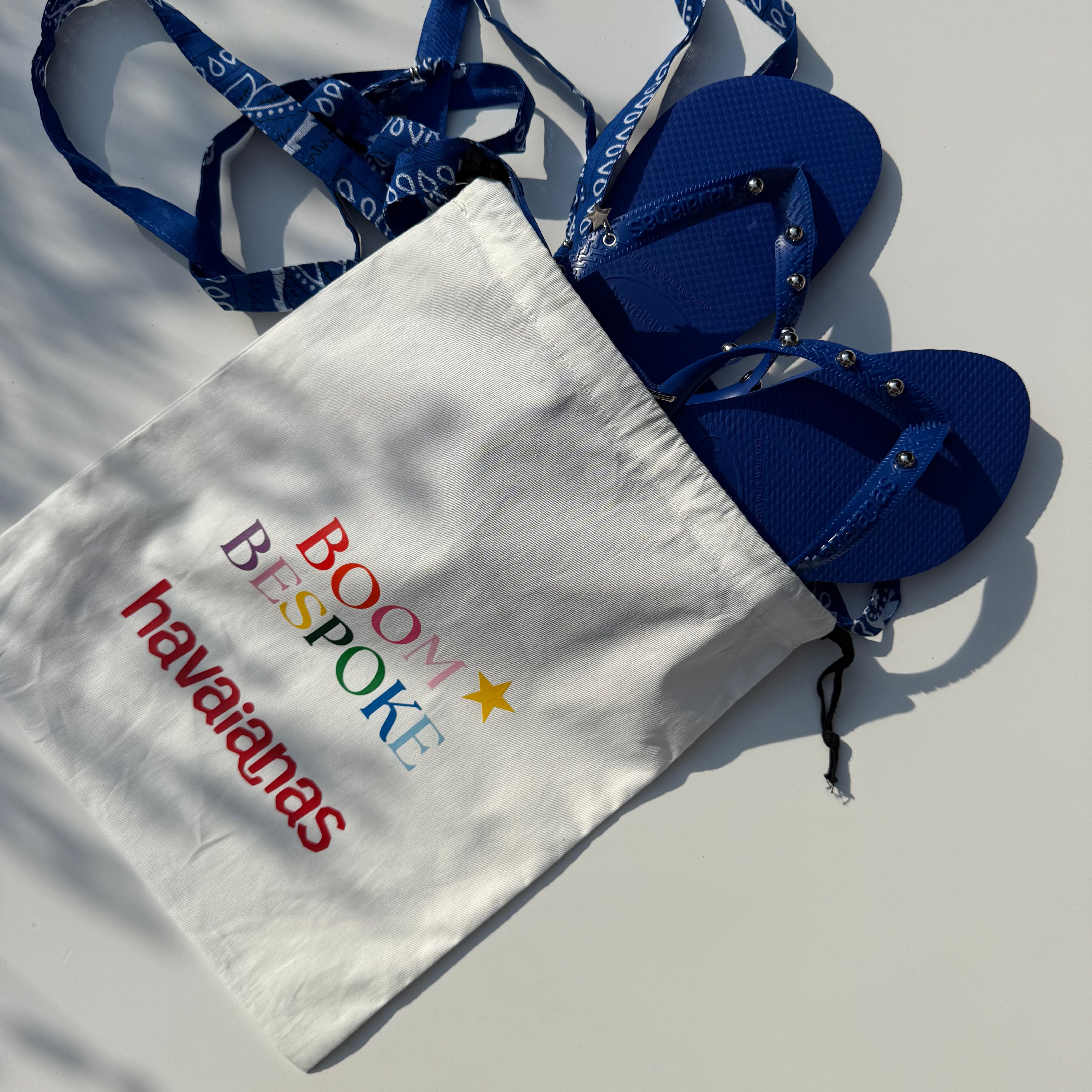 ‘PETROL STUD’ ELECTRIC BLUE BANDANA HAVAIANAS TOP FLIP FLOPS BY BOOM BESPOKE