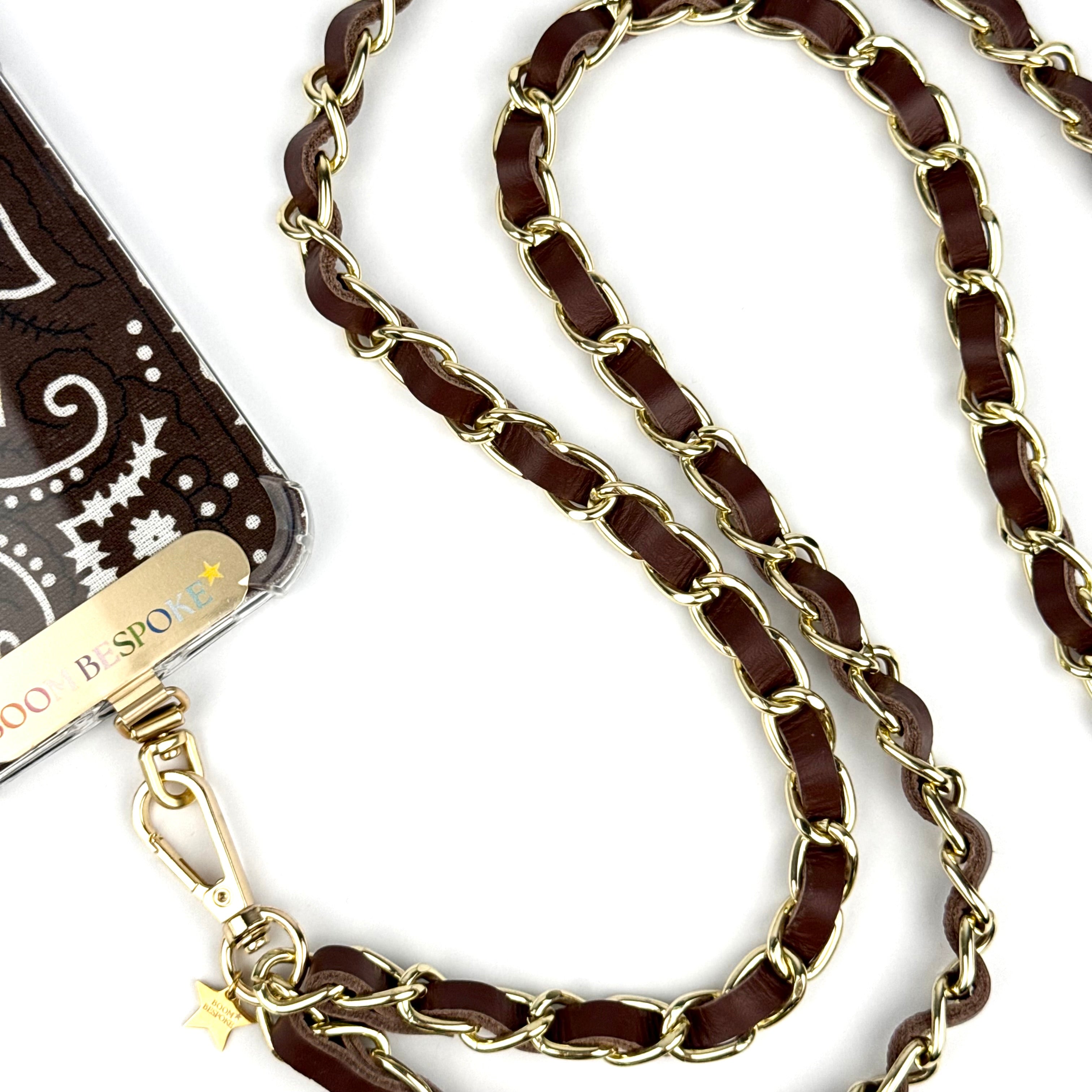 ‘ESPRESSO’ BROWN LEATHER GOLD CHAIN CROSSBODY PHONE STRAP