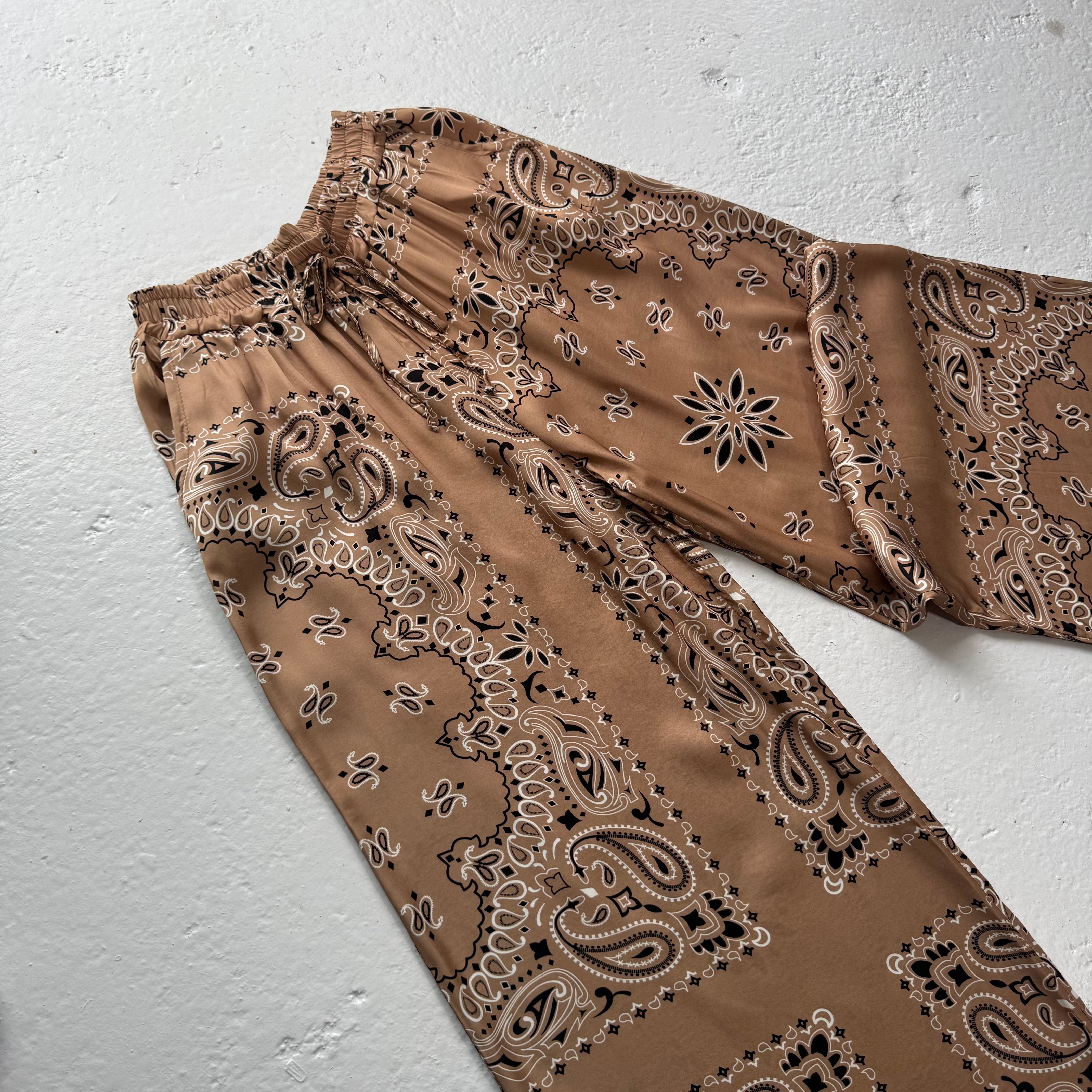 ‘ICED LATTE’  TAN BANDANA SILK TROUSERS CO-ORD