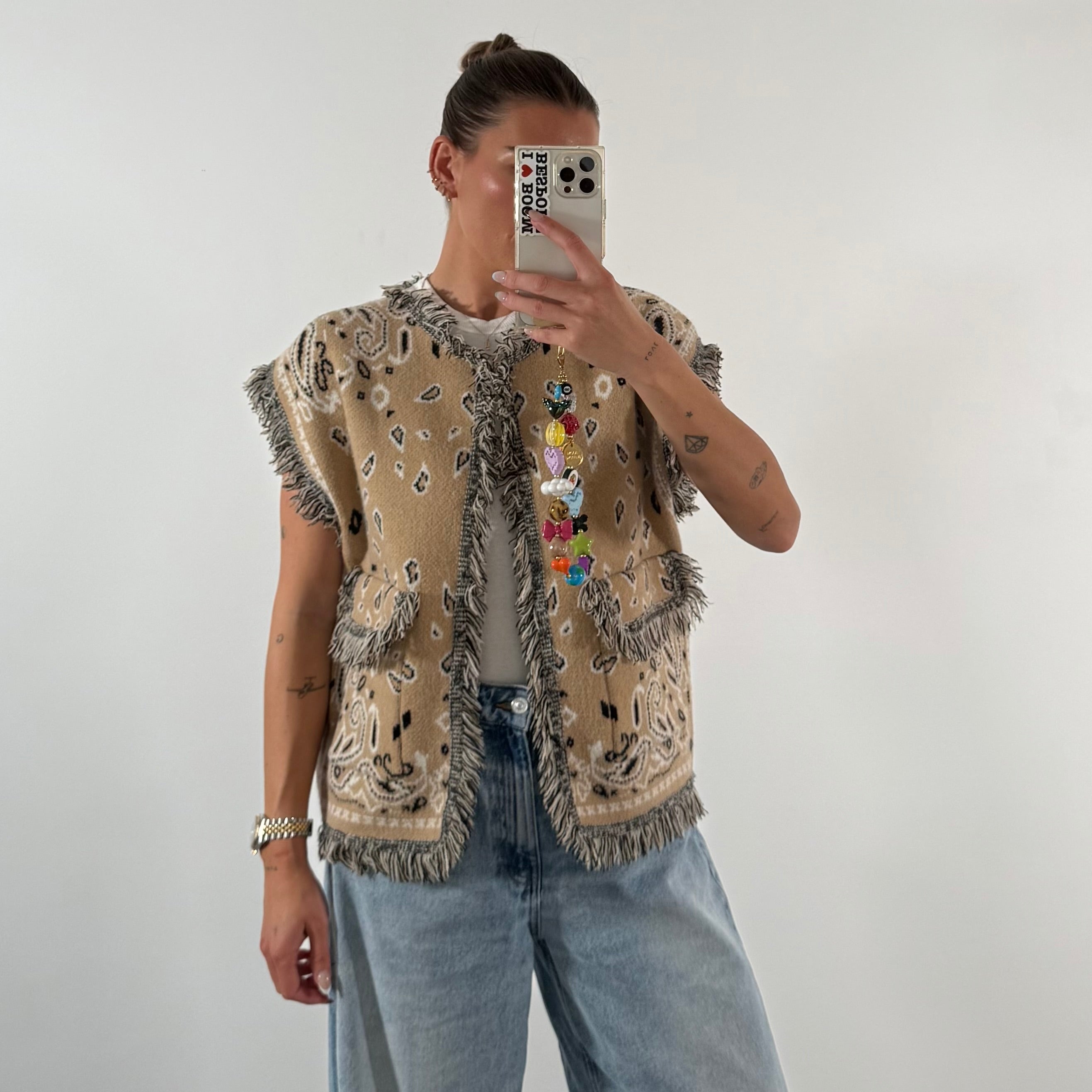 ‘LATTE’ FRINGED BANDANA KNIT WAISTCOAT