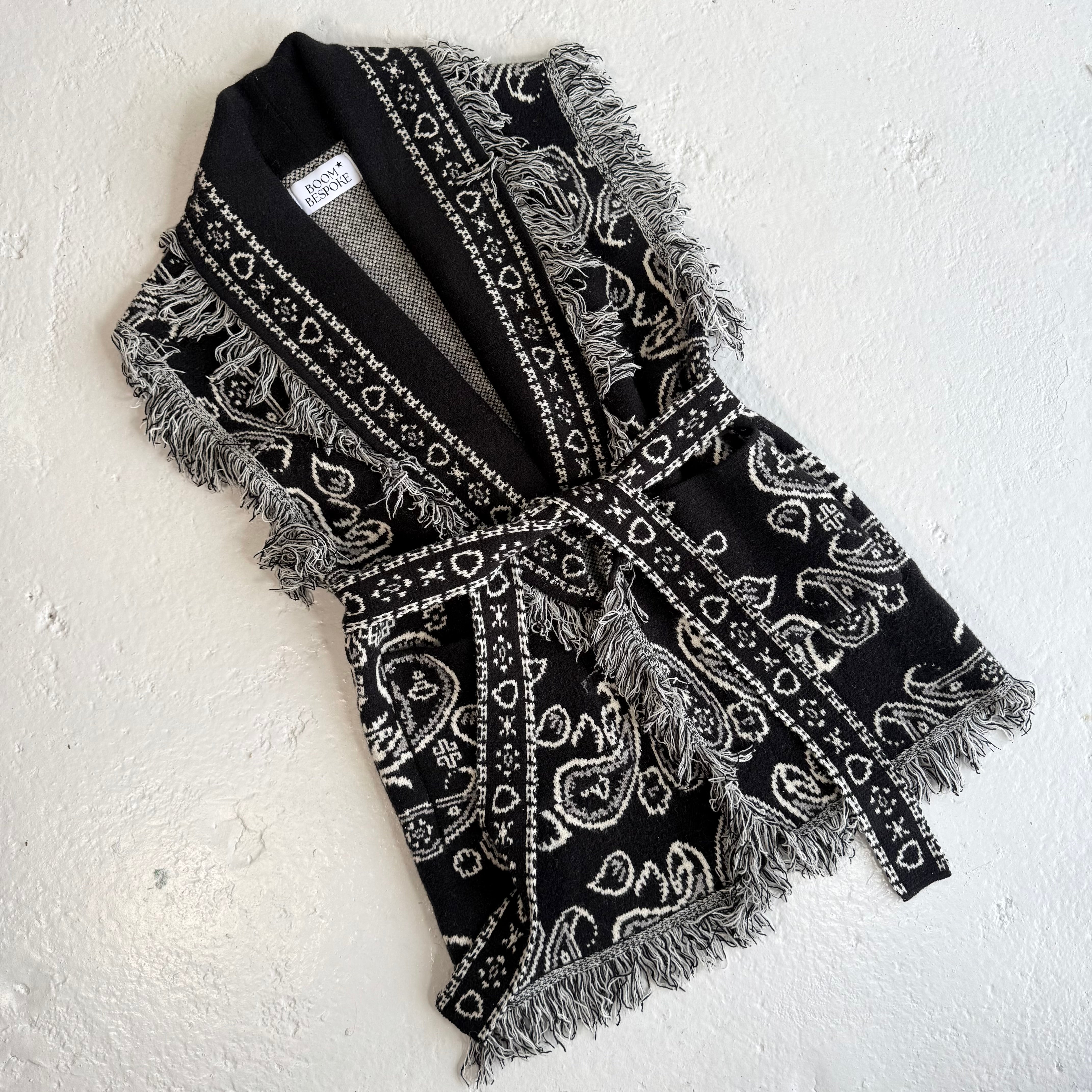 ‘INKED’ BANDANA KNIT BELTED LONGLINE SLEEVELESS CARDIGAN