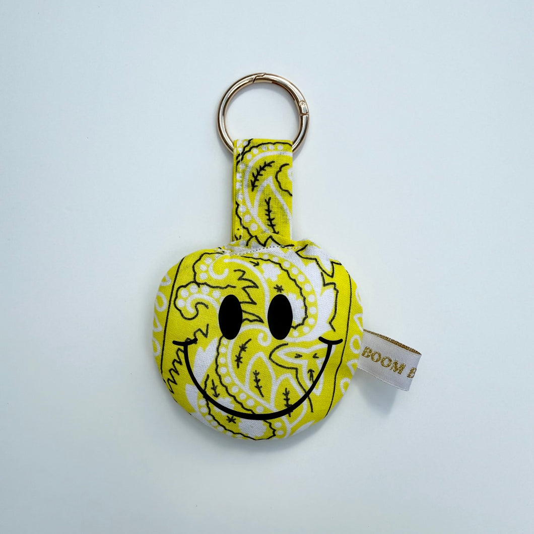 YELLOW PUFFY SMILEY FACE BOOM BANDANA KEYRING/BAG CHARM