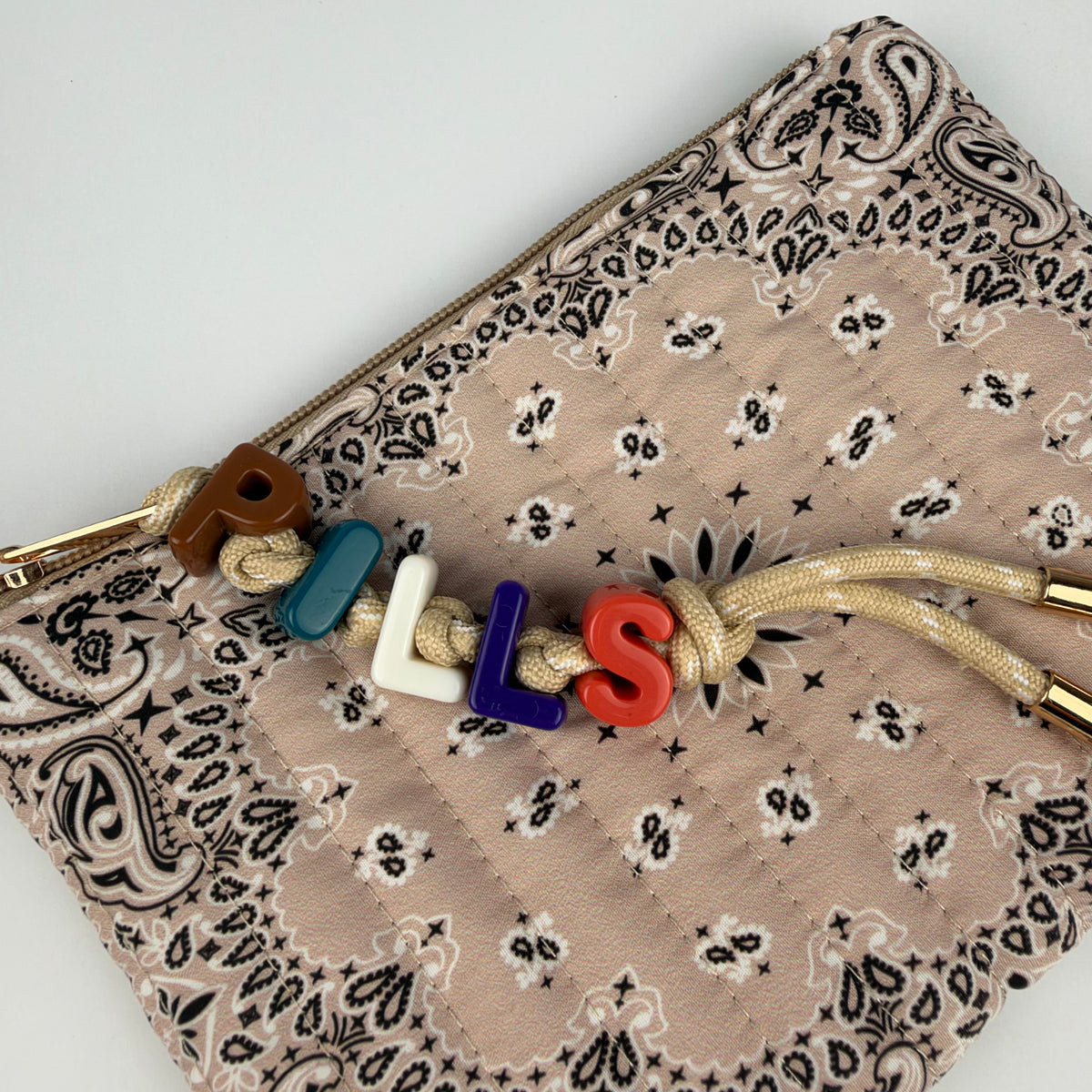 BEIGE BESPOKE CHUNKY LETTER BEAD BANDANA ZIP POUCH