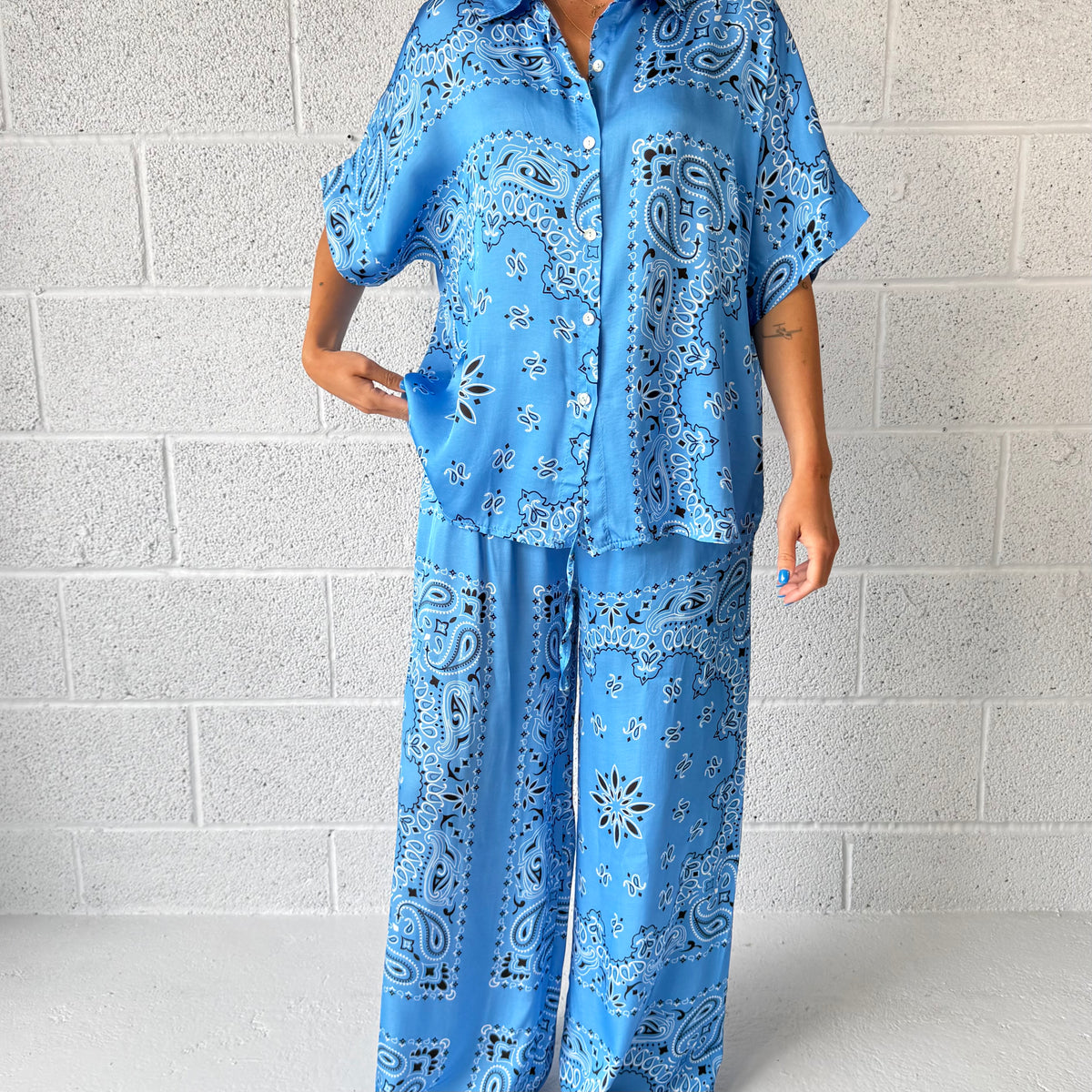 ‘AZURE’ BLUE BANDANA SILK TROUSERS CO-ORD