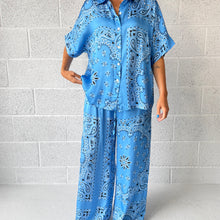 Load image into Gallery viewer, ‘AZURE’ BLUE BANDANA SILK TROUSERS CO-ORD
