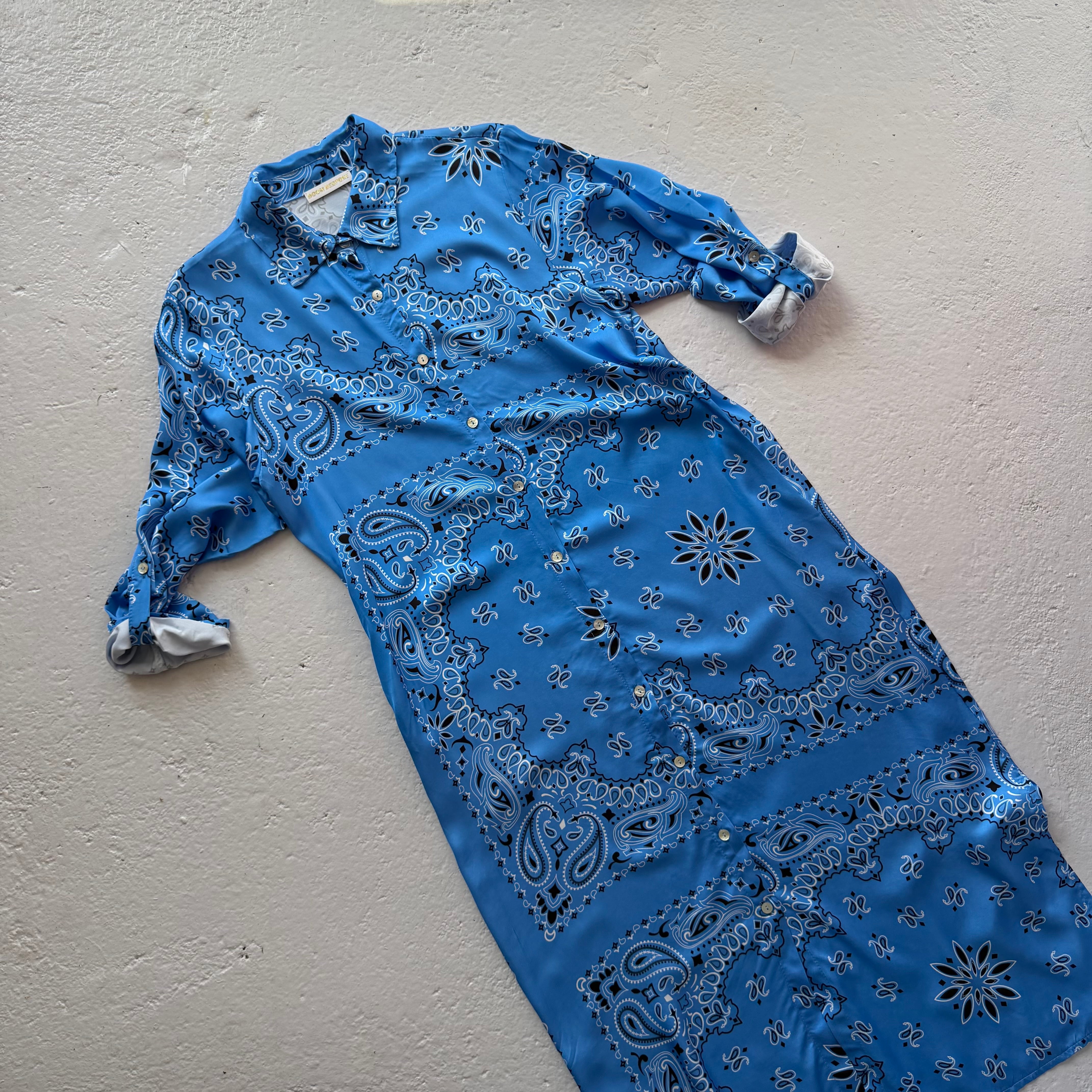 ‘AZURE’ BLUE BANDANA SILK MAXI SHIRT DRESS