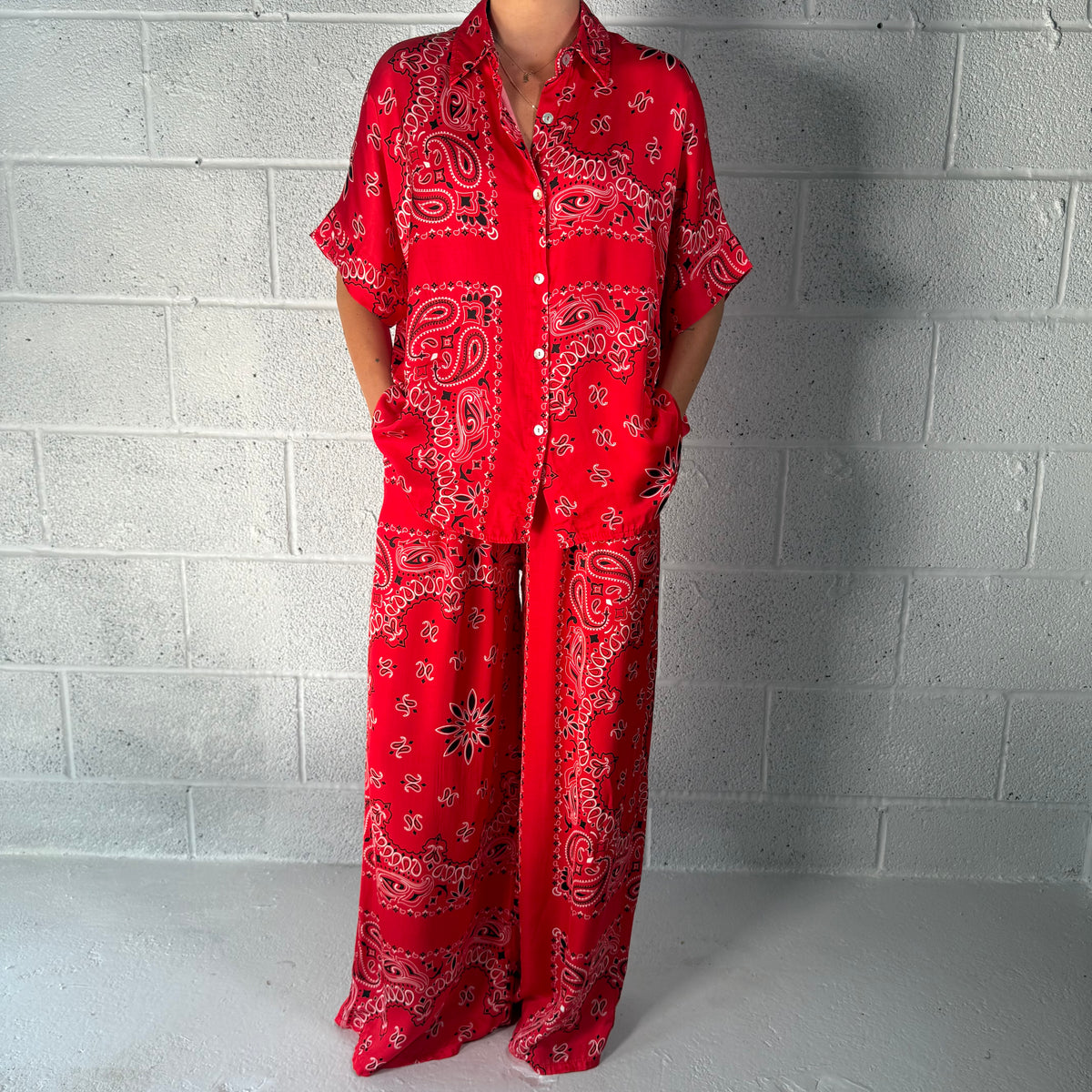 ‘CHERRY’ RED BANDANA SILK TROUSERS CO-ORD