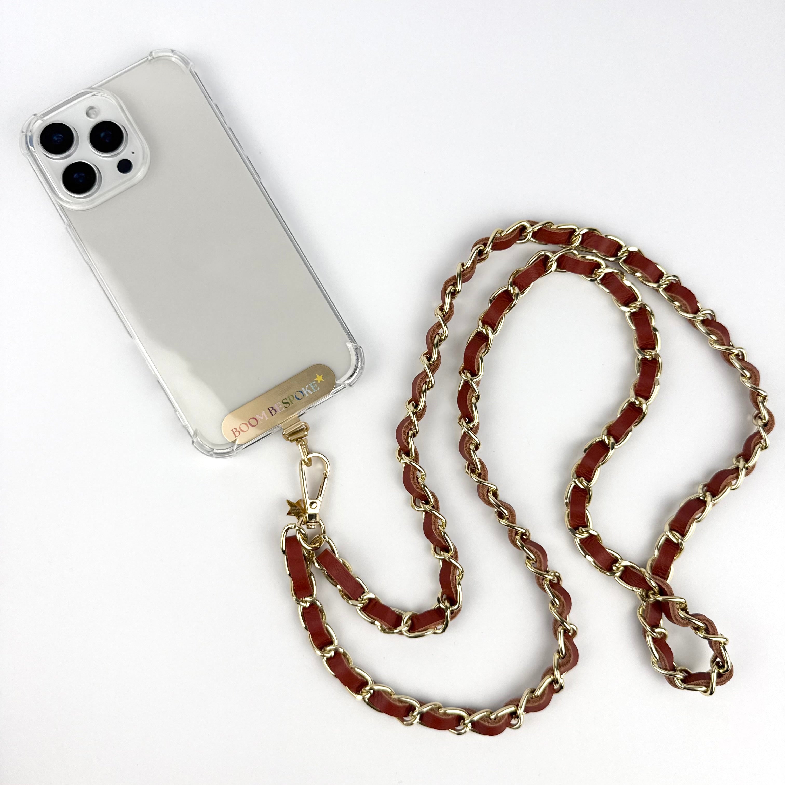 ‘RUST’ DEEP TAN LEATHER GOLD CHAIN CROSSBODY PHONE STRAP