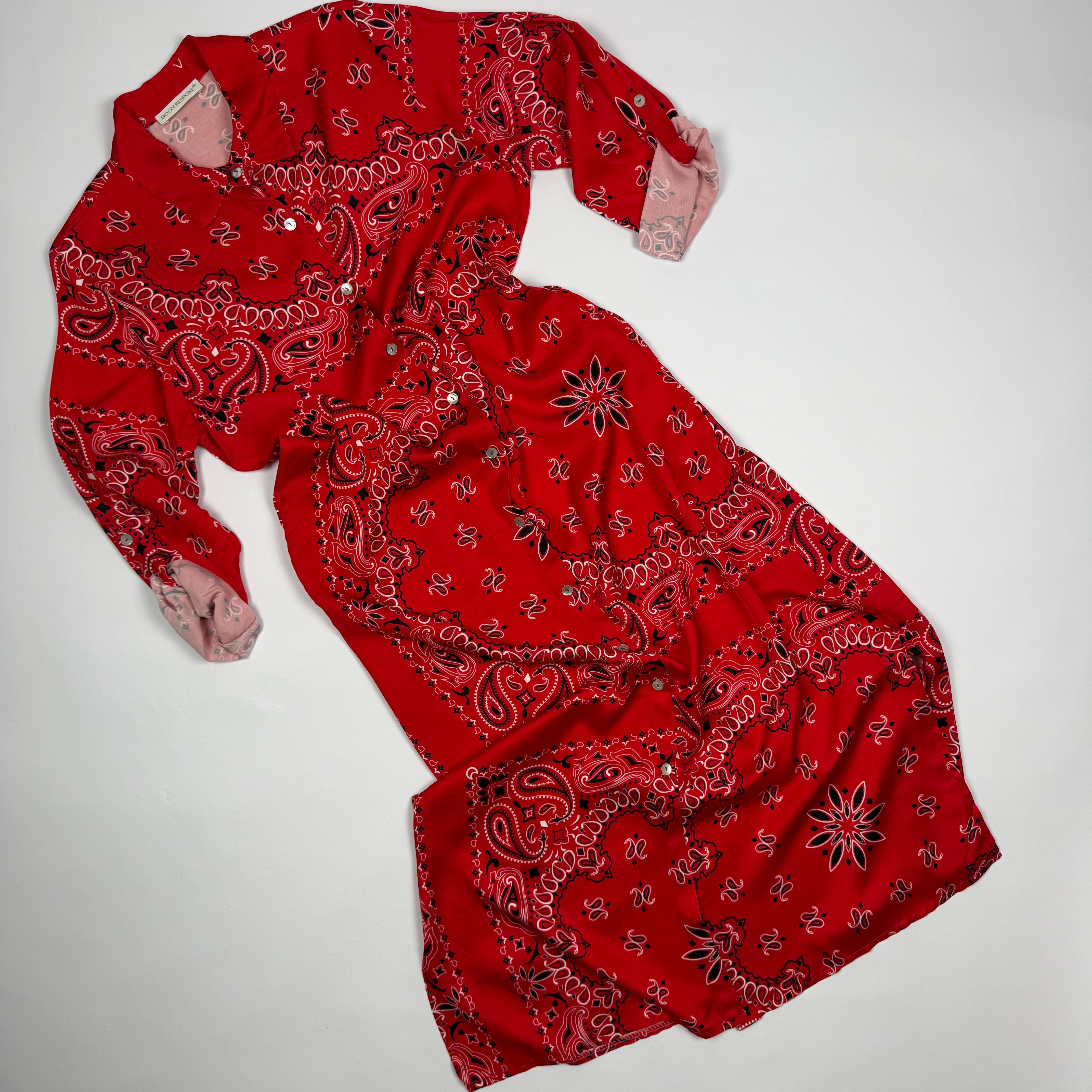 ‘CHERRY’ RED BANDANA SILK MAXI SHIRT DRESS