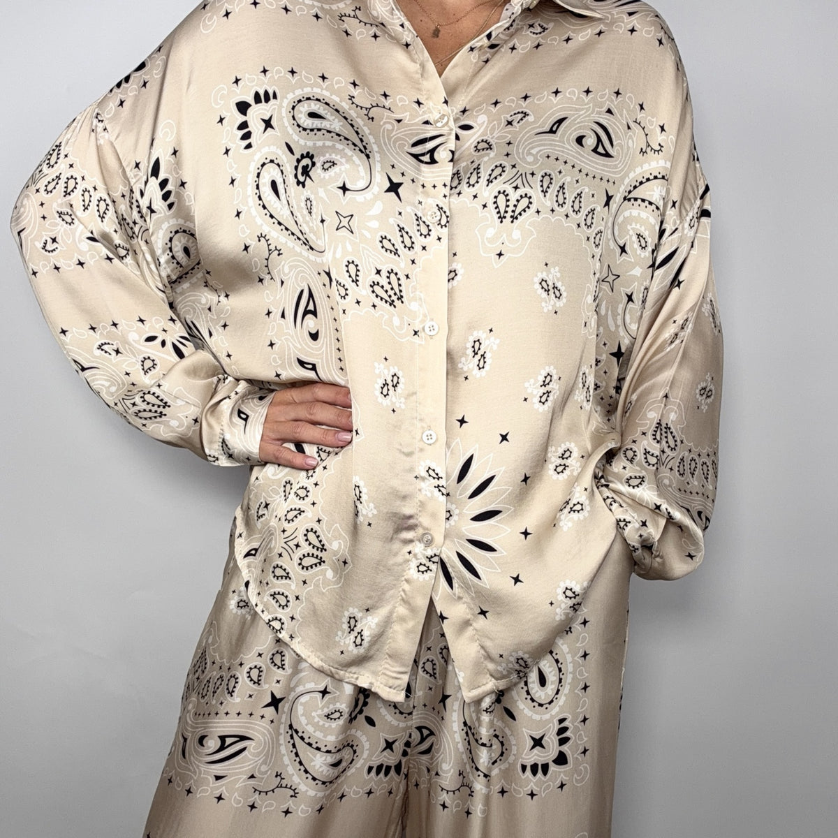 'VANILLA' GREIGE BANDANA SILKY SHIRT & TROUSER SET