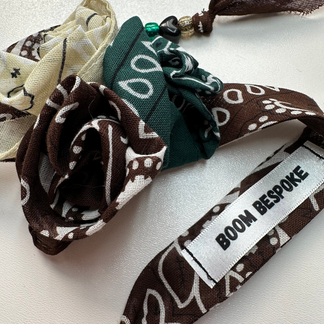 CREAM,BROWN & GREEN TRIO BANDANA ROSE CHOKER BY BOOM BESPOKE